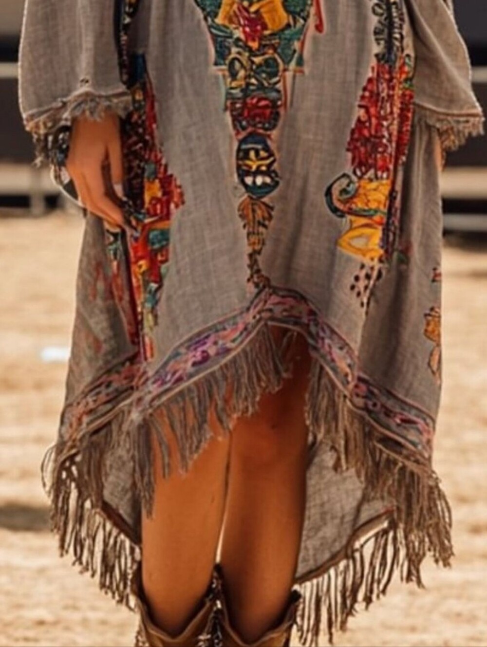 Boho Embroidered Fringe V-Neck Tunic Dress - Picture 3 of 4